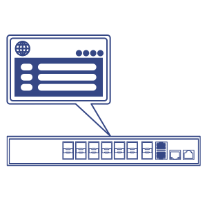 Line art of a Network switch with dashboard management speech bubble.